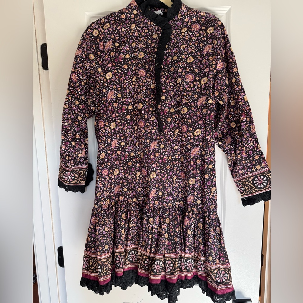 Hunter Bell Floral Patterned Dress with Black Lace Trim